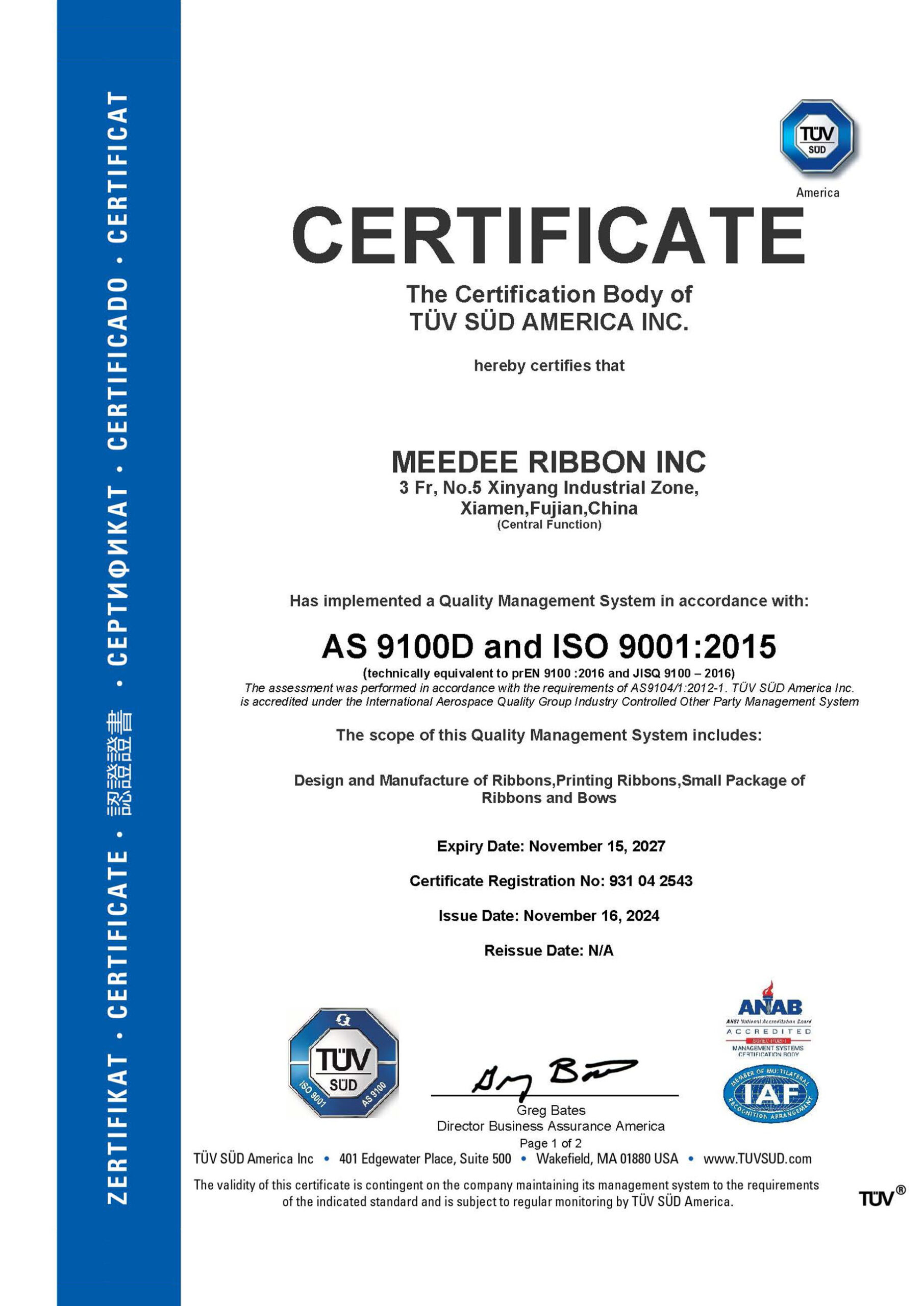 ISO 9001:2015 quality management certificate