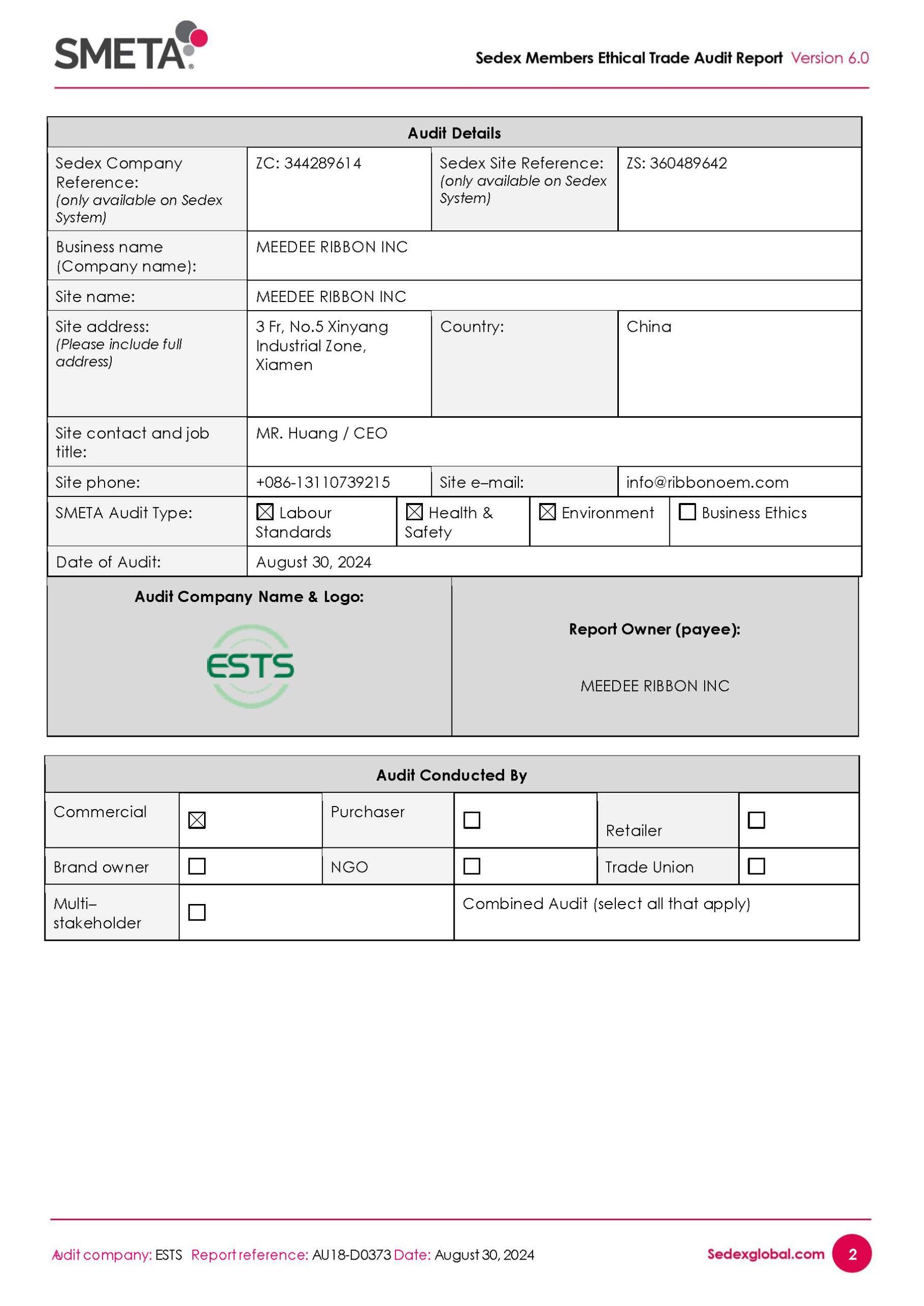 Sedex SMETA audit certificate